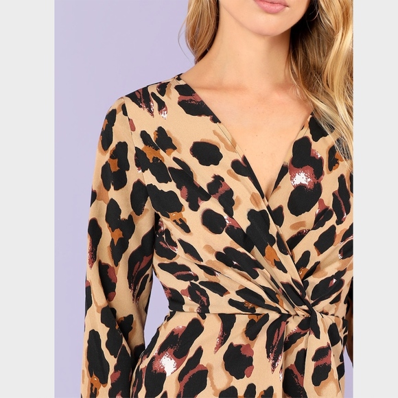 Deep V-neck Leopard Twisted Front A-Line Dress - Picture 5 of 6